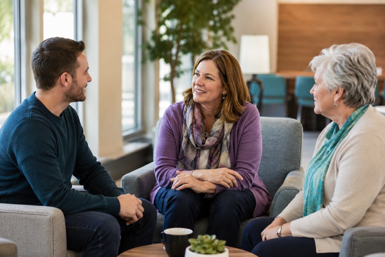 Three association members talking together in armchairs around a low table