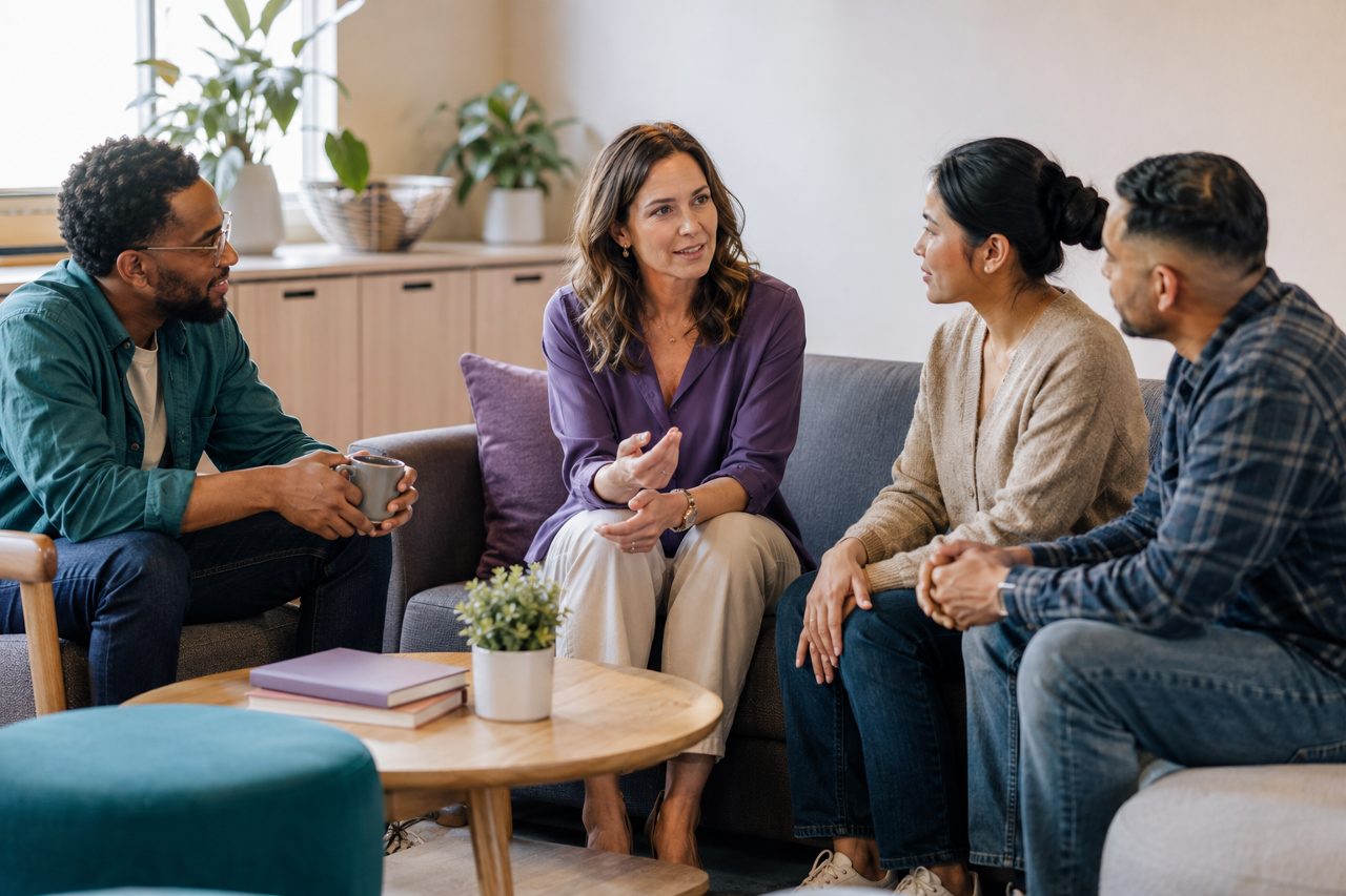 Four colleagues sitting together on couches in a workplace lounge, talking